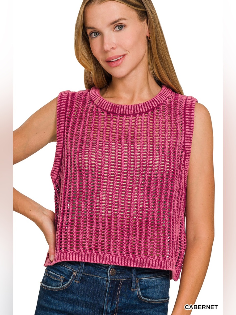 Zenana Cabernet Acid Washed Fishnet Sweater Vest